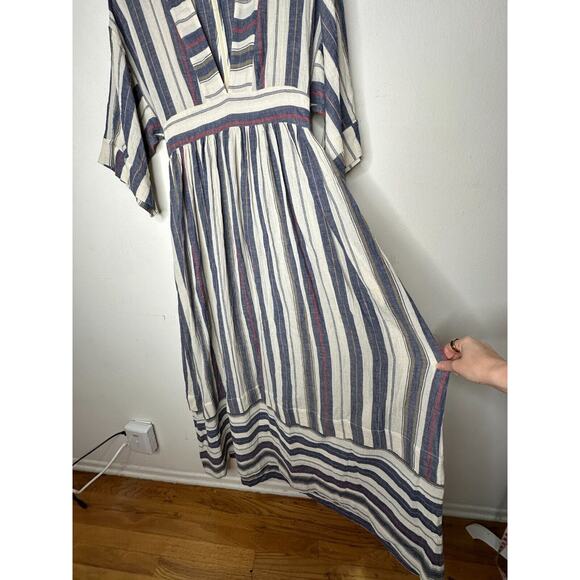 Three Graces London Ferrer Tan Blue Red Stripe Short Cuff Sleeve V-Neck Dress 10 - Picture 8 of 16